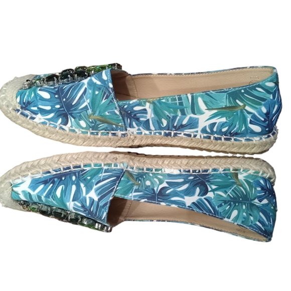 EUC 💎💎Jeweled 💎💎Tropical Palm Leaf Print Espadrille Flat | Women | Sz: 7 1/2